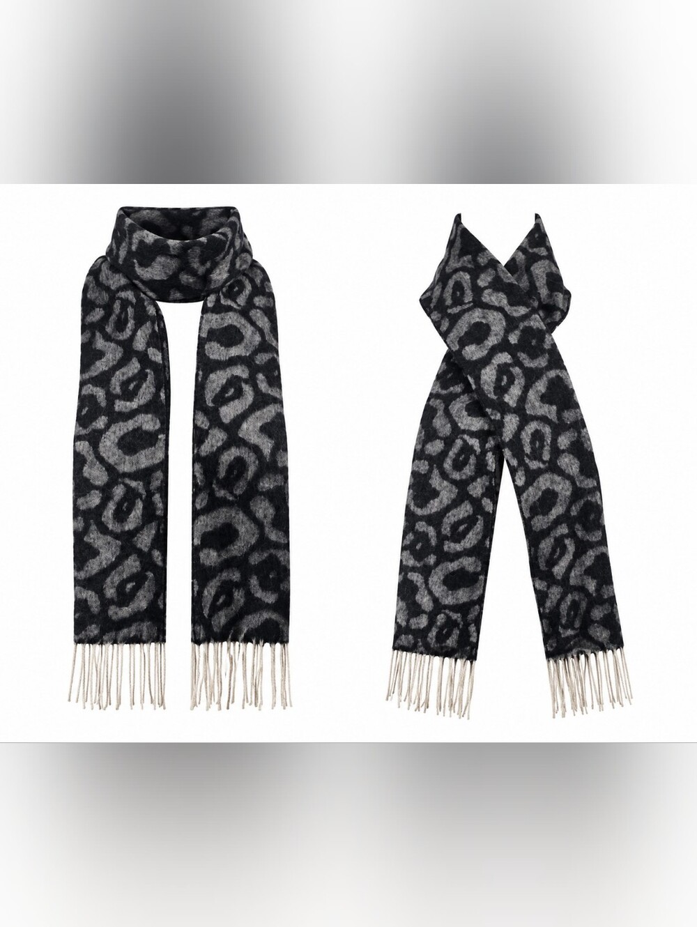 Charming Charlie 100% Cashmere Leopard Print Fringe Scarf Gray Black Modern Cozy